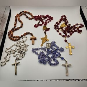 Vintage & Modern Rosary Lot (5) - Wood, Glass Catholic Devotional
